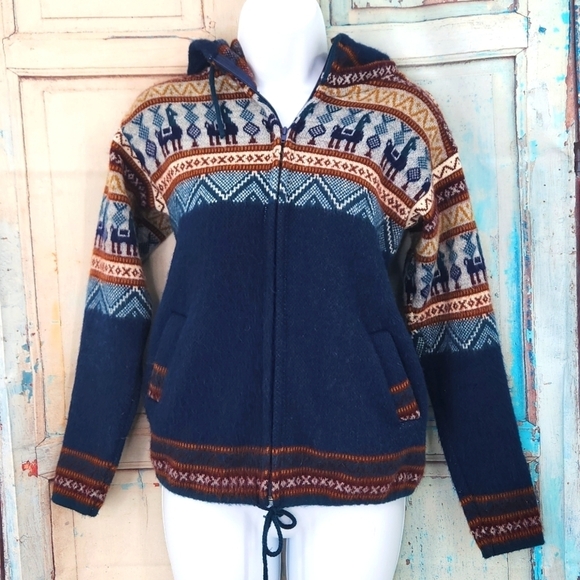 Artesanias Tuntaquimba LLama Print Wool Cardigan Sweater - Picture 1 of 9